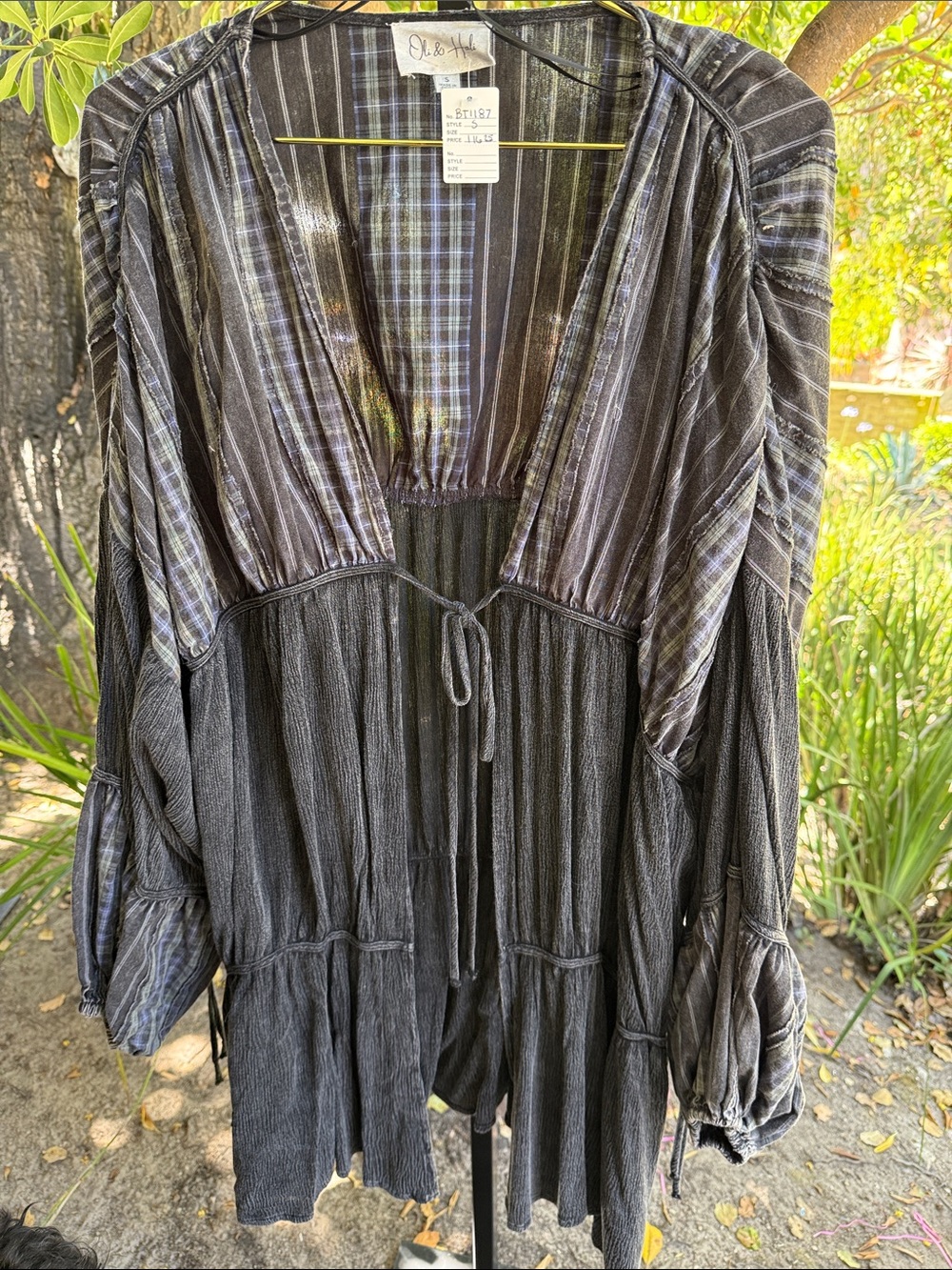 Oli & Hali Black and Gray Plaid Tie-Front Peasant Tunic